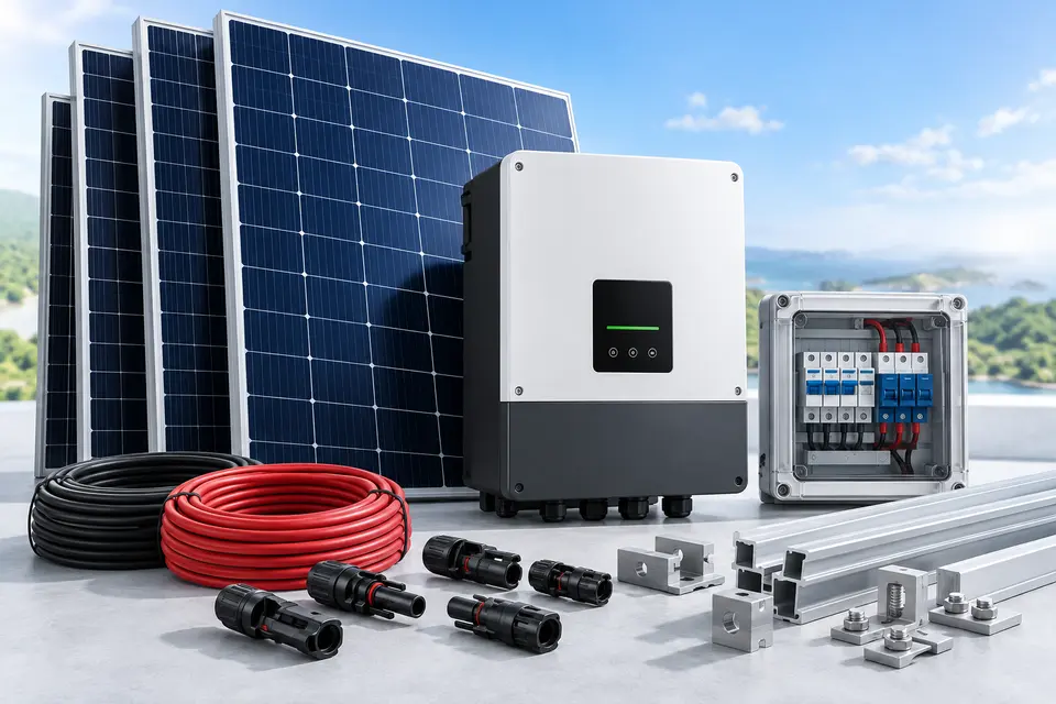 Panel solar, inversor y protecciones para energía fotovoltaica