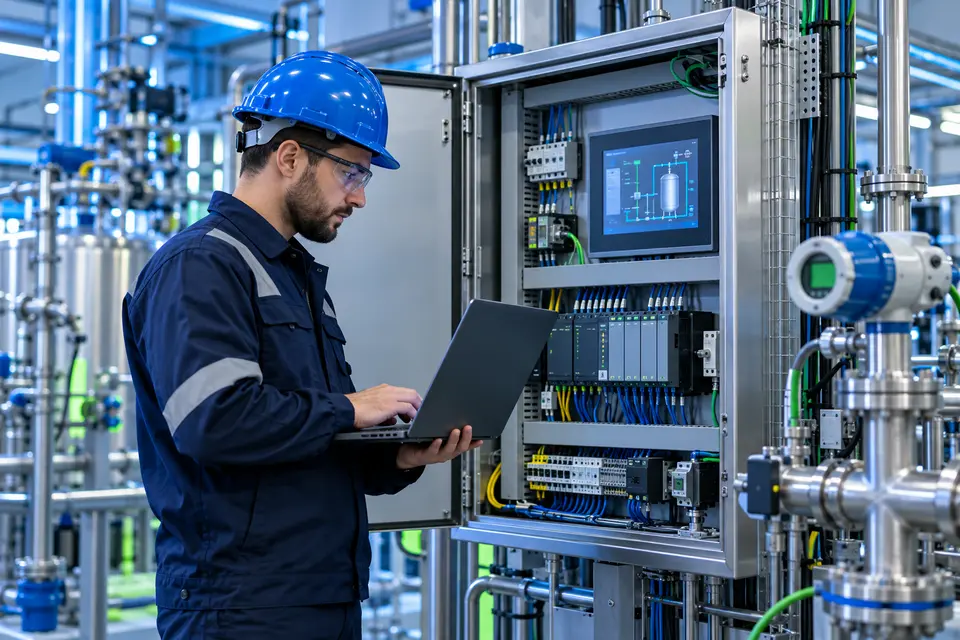 Ingeniero configurando un sistema industrial de automatización y control