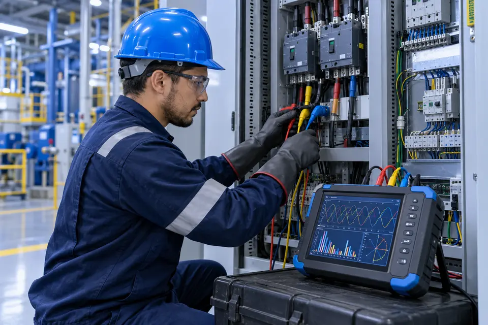 Ingeniero midiendo la calidad de energía de una instalación industrial