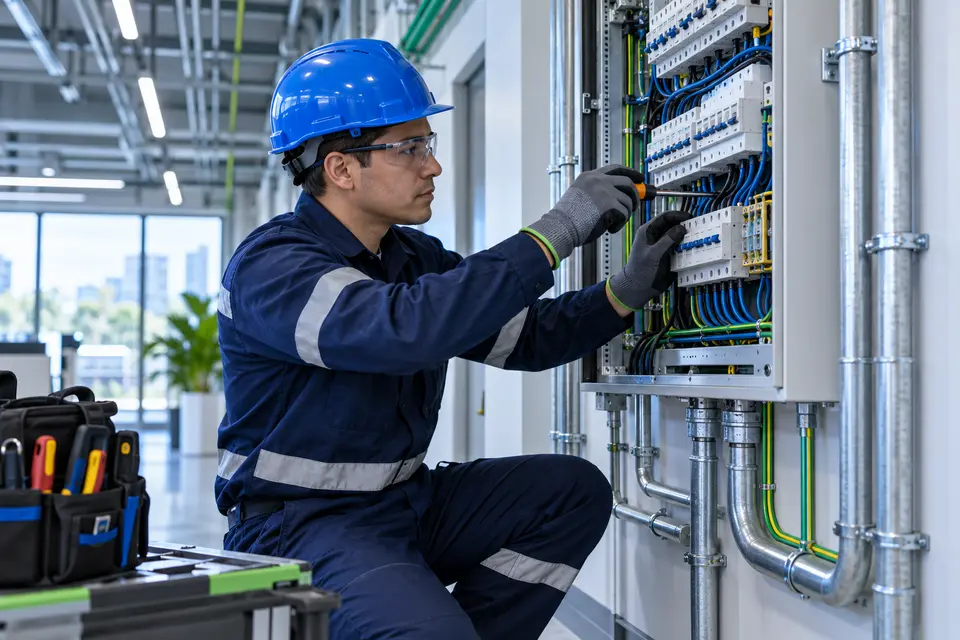 Técnico realizando una instalación eléctrica profesional en un tablero