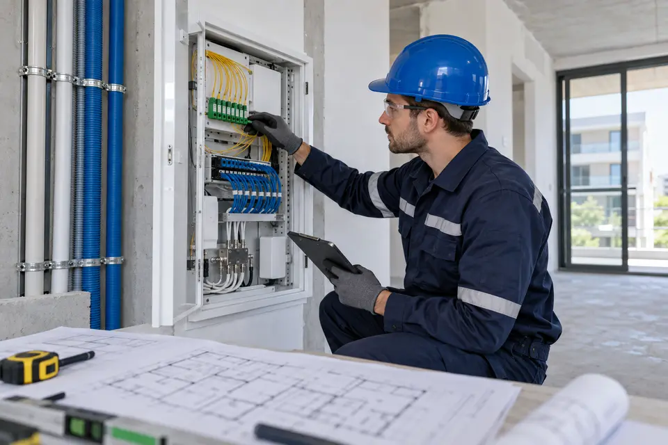 Ingeniero revisando infraestructura interna de telecomunicaciones RITEL