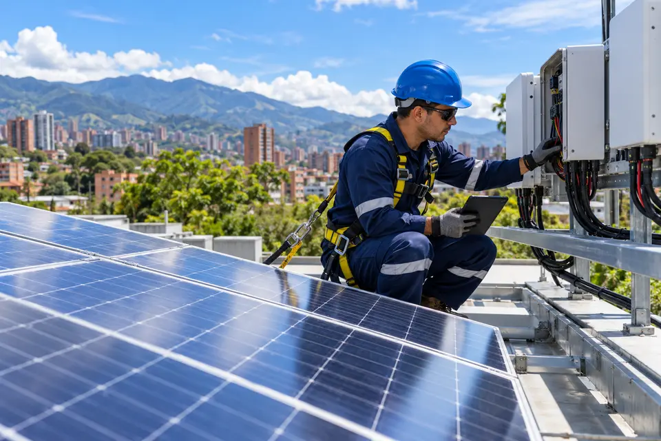 Ingeniero inspeccionando un sistema de paneles solares fotovoltaicos