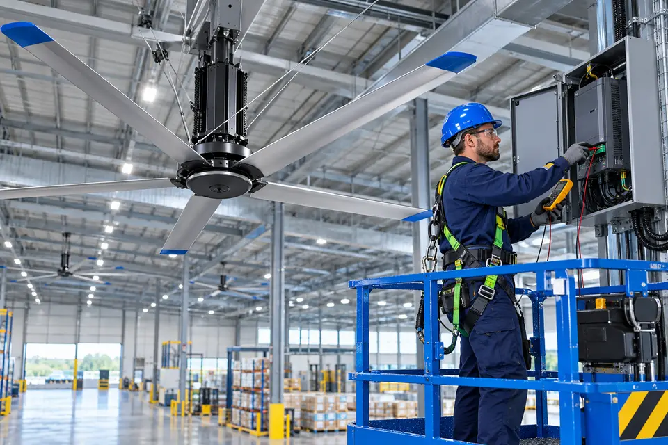 Técnico poniendo en servicio un sistema de ventilación industrial